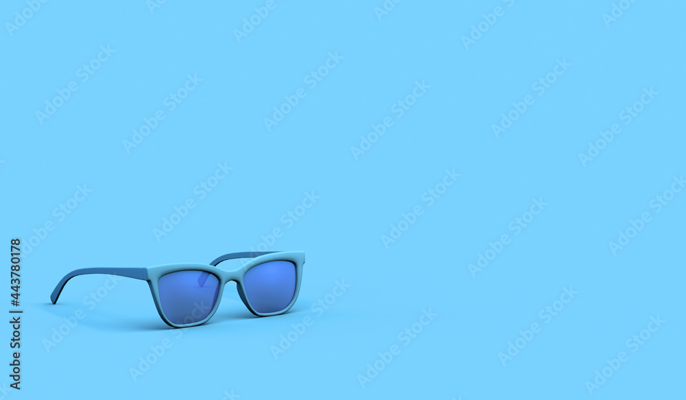 Sunglasses on pastel blue background. Summer concept. 3D illustration. Copy space.