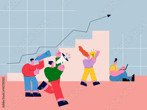 Climbing business ladder, career growth, marketing agency, teamwork, company employees working together, business strategy, promotion, leadership flat vector illustration