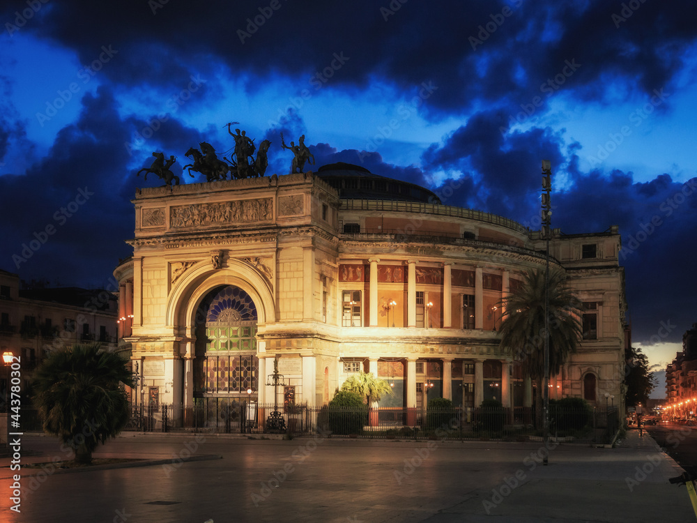 Palermo City at Night in Sicily in Italy, Europe, near Teatro Massimo Opera House