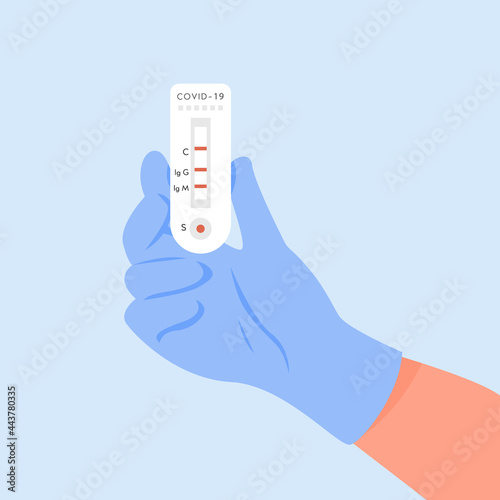 A doctor in latex gloves holding Covid-19 Rapid Antigen test. A nurse hand with Coronavirus Express Antidody Positive blood test result. Vector Illustration isolated on background.