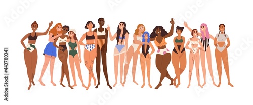 Women body positivity and diversity concept. Line of diverse happy woman in swimwear. Mixed females of different skin color, race and beauty. Flat vector illustration isolated on white background