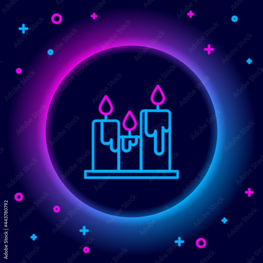 Glowing neon line Burning candles icon isolated on black background. Cylindrical candle stick with burning flame. Colorful outline concept. Vector Glowing neon line Burning candles icon isolated on black background. Cylindrical candle stick with burning flame. Colorful outline concept. Vector