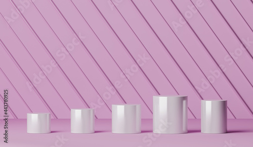 Five white platform on pink scene, Minimal background for product presentation or branding. 3d rendering
