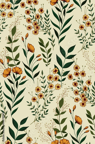 Vintage print with various wildflowers and herbs. Seamless botanical pattern on a light background. Vector illustration.