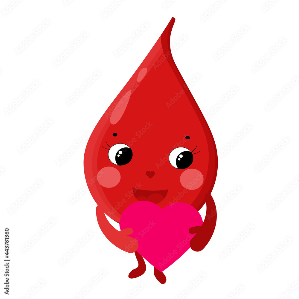 Obraz premium A cute drop of blood with legs and arms holds hearts in his hands. The concept of the importance of donating blood. Monitoring your heart health