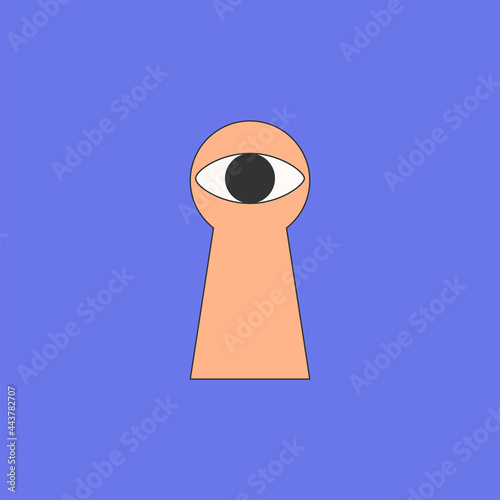 Human eye peeps through the keyhole. The concept of surveillance, espionage, peeping, invasion of privacy. Observation through the keyhole through the door lock. Vector illustration