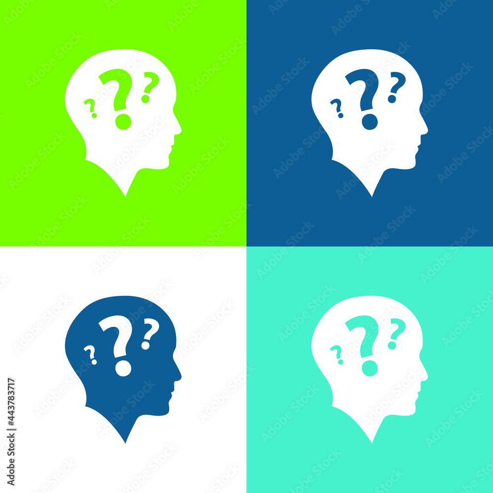 Bald Head Side View With Three Question Marks Flat four color minimal icon set Bald Head Side View With Three Question Marks Flat four color minimal icon set