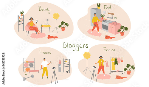 Set of bloggers and vloggers characters making internet content. Peoples creating video for their blog channel. Influencers shooting vlog. Vector cartoon illustration