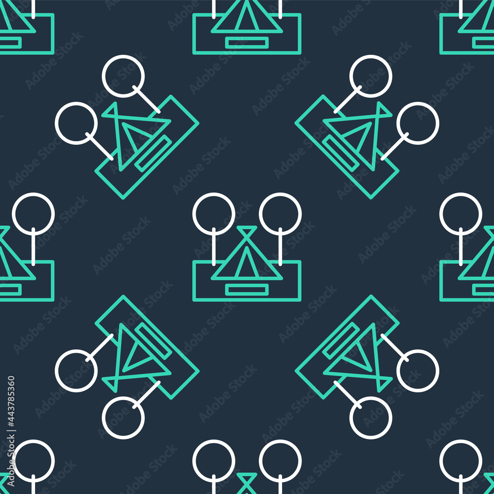 Obraz premium Line Tourist tent icon isolated seamless pattern on black background. Camping symbol. Vector