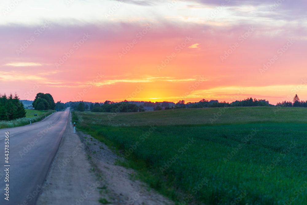 Beautiful rural asphalt road scenery at sunset.Asphalt Road between fields trees.beautiful summer landscape road sunset.