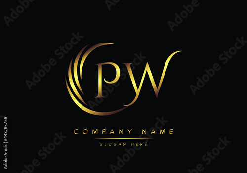 alphabet letters PW monogram logo, gold color elegant classical