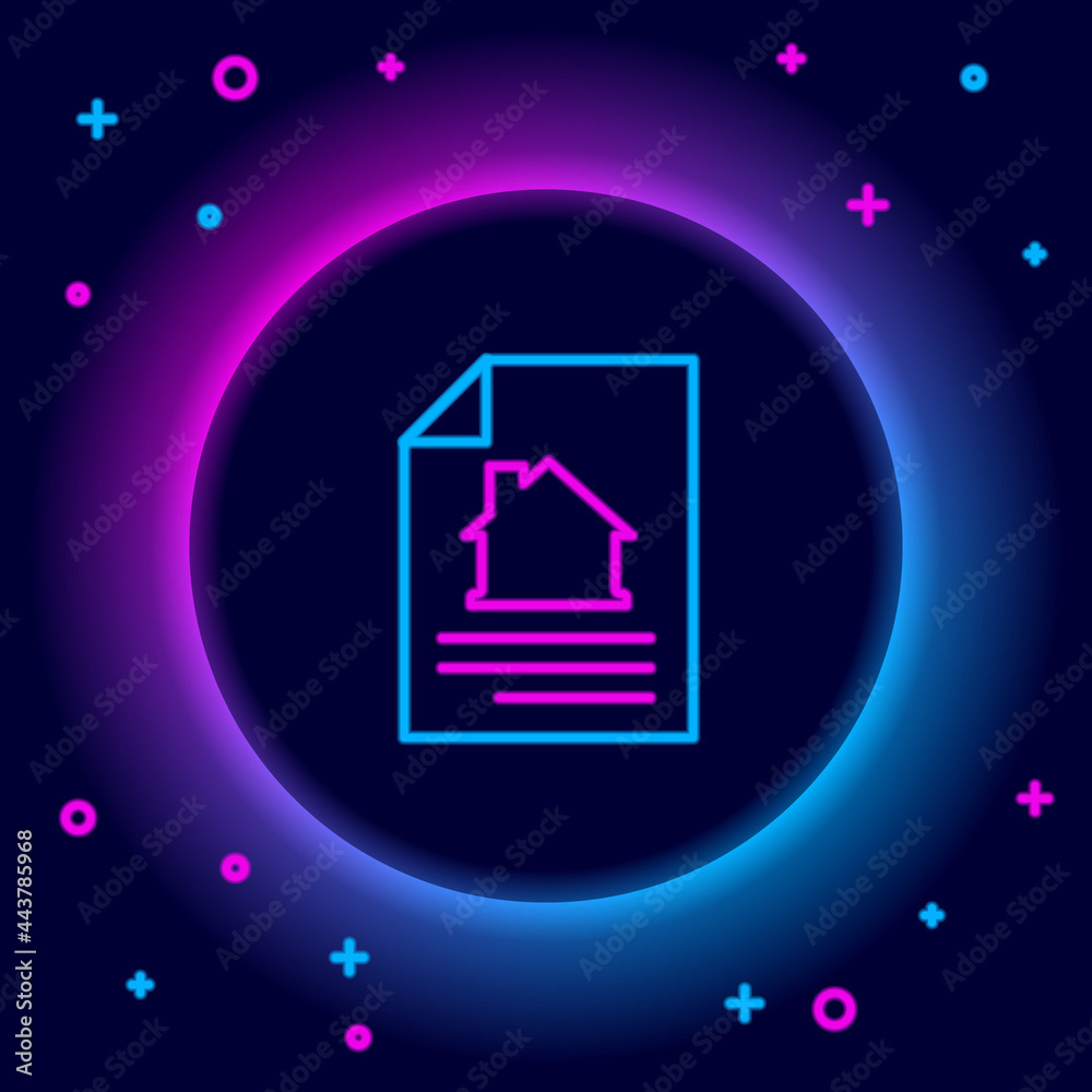 Glowing neon line House contract icon isolated on black background. Contract creation service, document formation, application form composition. Colorful outline concept. Vector