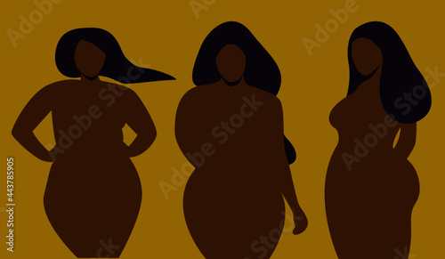 Three girls in a flat style. Three silhouettes of a plump woman in different poses on an isolated background in the illustration.