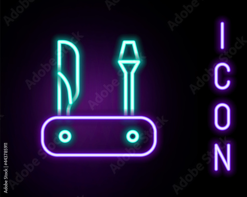 Glowing neon line Swiss army knife icon isolated on black background. Multi-tool, multipurpose penknife. Multifunctional tool. Colorful outline concept. Vector