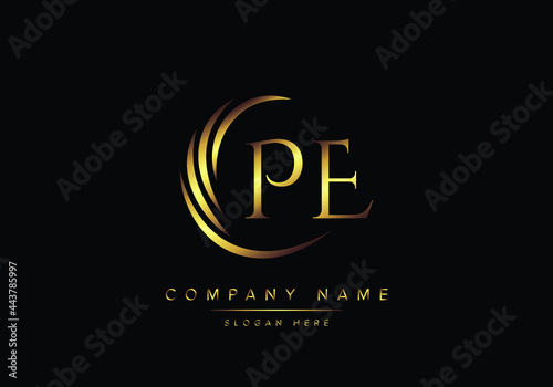 alphabet letters PE monogram logo, gold color elegant classical