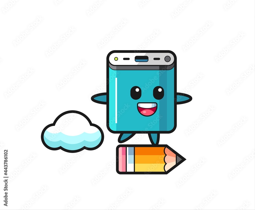 power bank mascot illustration riding on a giant pencil