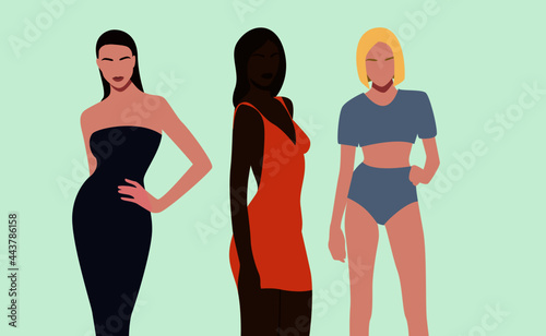 Three glamorous beautiful young girls in stylish clothes Three female silhouettes in different poses on an isolated background in the illustration.