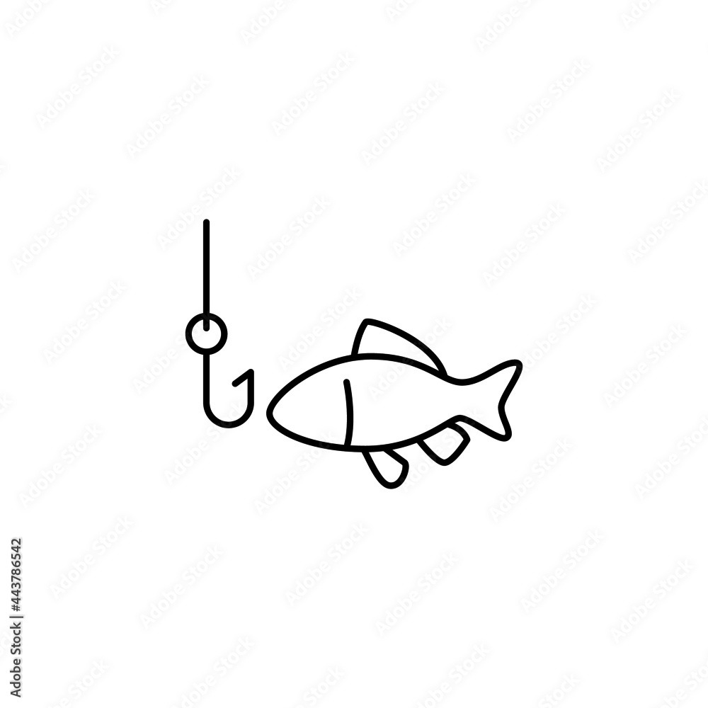 Fishing and hook icon in flat black line style, isolated on white background Fishing and hook icon in flat black line style, isolated on white background