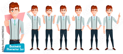 Business man boss character vector set. Businessman male characters with happy, angry and upset expression in standing pose for office manager cartoon collection design. Vector illustration
