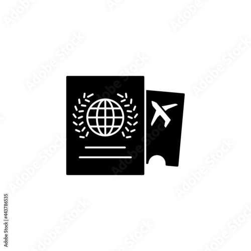 Passport and travel ticket vacation icon in solid black flat shape glyph icon, isolated on white background 