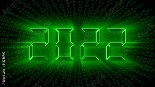 Year change 2022 - glowing green year digits in digital font - abstract background of binary code in green color - 3D illustration