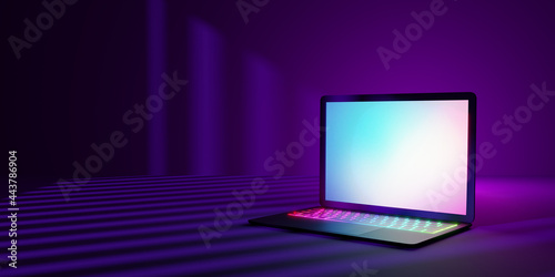 3D rendering illustration. Laptop computer with blank screen and colorful keyboard place in the darkroom and purple lighting shadow. Image for presentation.