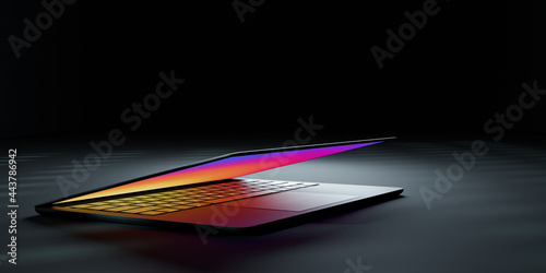 3D rendering illustration. Laptop computer with colorful screen and keyboard close lid place in the darkroom and lighting effect. Image for presentation. photo