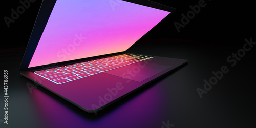 3D rendering illustration. Wide angle of Laptop computer with colorful screen and keyboard place in the darkroom and purple lighting. Image for presentation. photo