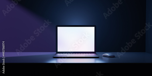 3D rendering illustration. Laptop computer with blank screen and color keyboard place table in the darkroom and blue lighting. Image for presentation. photo
