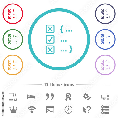 Source code checking flat color icons in circle shape outlines