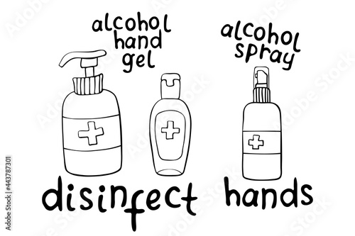 Set of bottles gel, spray hand sanitizers with lettering. Antiseptic dispenser disinfects, protects from coronavirus bacteria. Vector outline cliparts in flat doodle style isolated