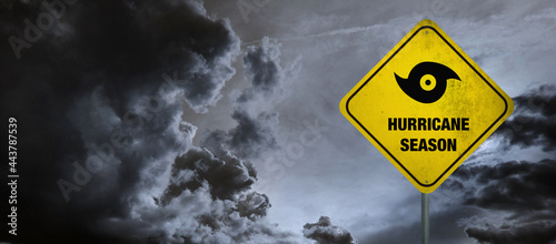 Hurricane season banner with storm clouds background.