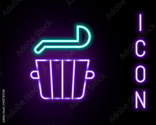 Glowing neon line Sauna bucket and ladle icon isolated on black background. Colorful outline concept. Vector