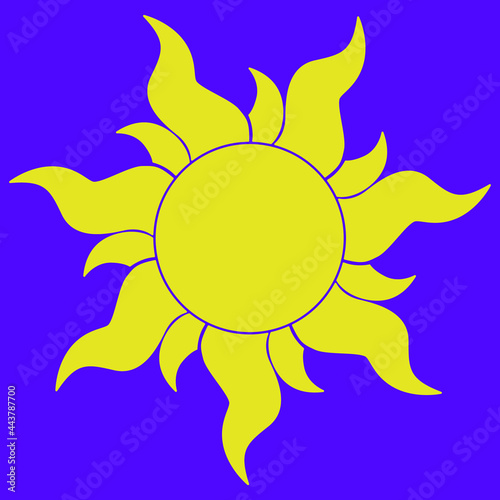 Sun vector illustration. Summer sunshine. Yellow sun. Purple background. Colors. Line drawing.