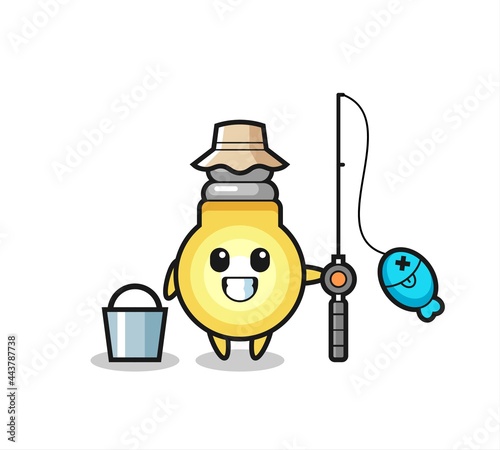 Mascot character of light bulb as a fisherman