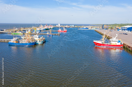 Aerial from the fishing harbor in Lauwersoog Friesland the Netherlands