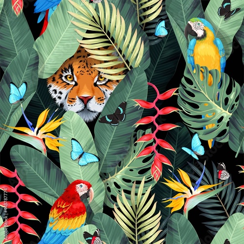 Carta da parati Pappagalli - Carta da parati Seamless pattern with tropical birds and jaguar
