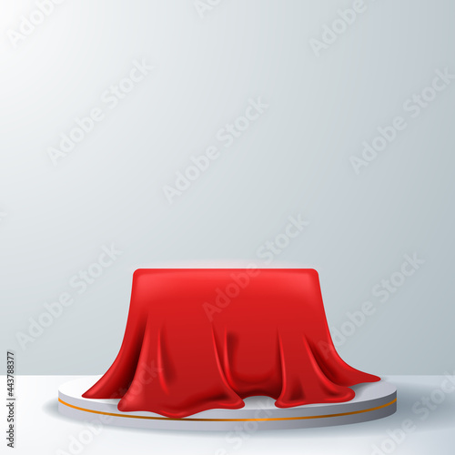 3d realistic red silk satin cover box podium pedestal product display. royal luxury deluxe elegant. white background