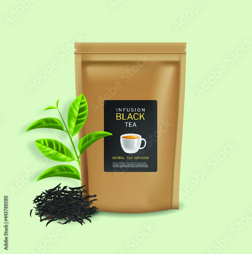 Black tea bag vector realistic. Product placement mock up. 3d detailed illust...