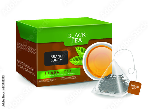 Black tea pack in triangle bags infusion. Organic herbs vector realistic drink. 3d detailed illustration