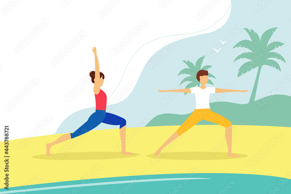 Young guy and girl doing yoga on the beach. Active lifestyle concept. Summer vector illustration in flat style.