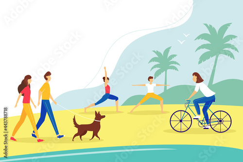 Public beach background. People doing yoga, cycling, walking animals. Relaxation and active recreation concept. Vector illustration. © Uliana Rom