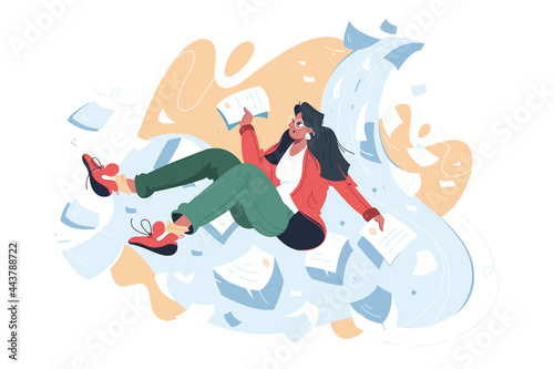 Girl surrounded with pile of documents
