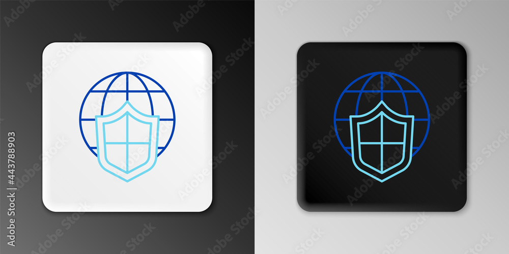 Line Shield with world globe icon isolated on grey background. Insurance concept. Security, safety, protection, privacy concept. Colorful outline concept. Vector Line Shield with world globe icon isolated on grey background. Insurance concept. Security, safety, protection, privacy concept. Colorful outline concept. Vector