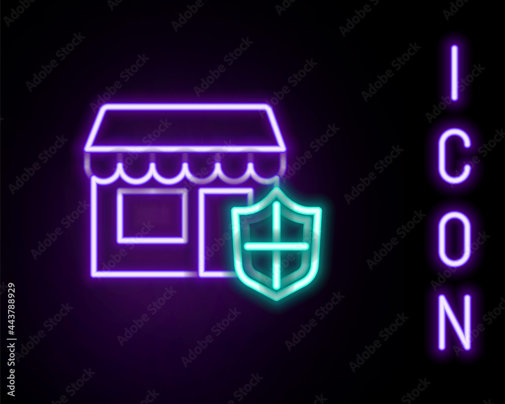 Glowing neon line Travel suitcase with shield icon isolated on black background. Traveling baggage insurance. Security, safety, protection, protect concept. Colorful outline concept. Vector Glowing neon line Travel suitcase with shield icon isolated on black background. Traveling baggage insurance. Security, safety, protection, protect concept. Colorful outline concept. Vector