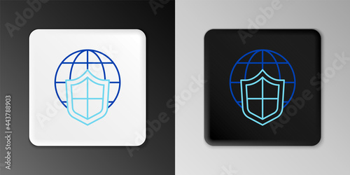 Line Shield with world globe icon isolated on grey background. Insurance concept. Security, safety, protection, privacy concept. Colorful outline concept. Vector