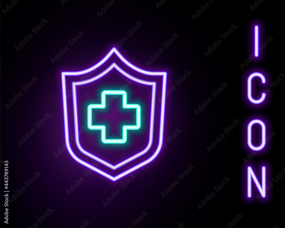 Obraz premium Glowing neon line Health insurance icon isolated on black background. Patient protection. Security, safety, protection, protect concept. Colorful outline concept. Vector