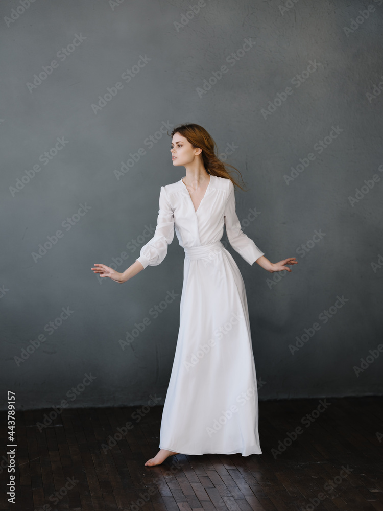 pretty woman in white dress posing luxury hands gesture pretty woman in white dress posing luxury hands gesture
