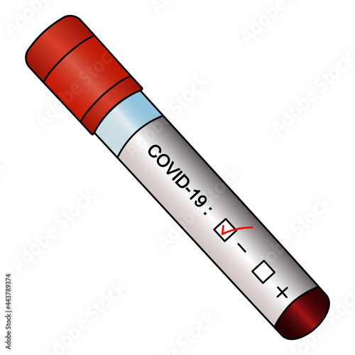 Test tube with patient's blood analysis. Testing for coronavirus infection Covid-19. The result is negative. Colored vector illustration. Blood test for inflammation. Cartoon style. 