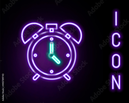 Glowing neon line Alarm clock icon isolated on black background. Wake up, get up concept. Time sign. Colorful outline concept. Vector